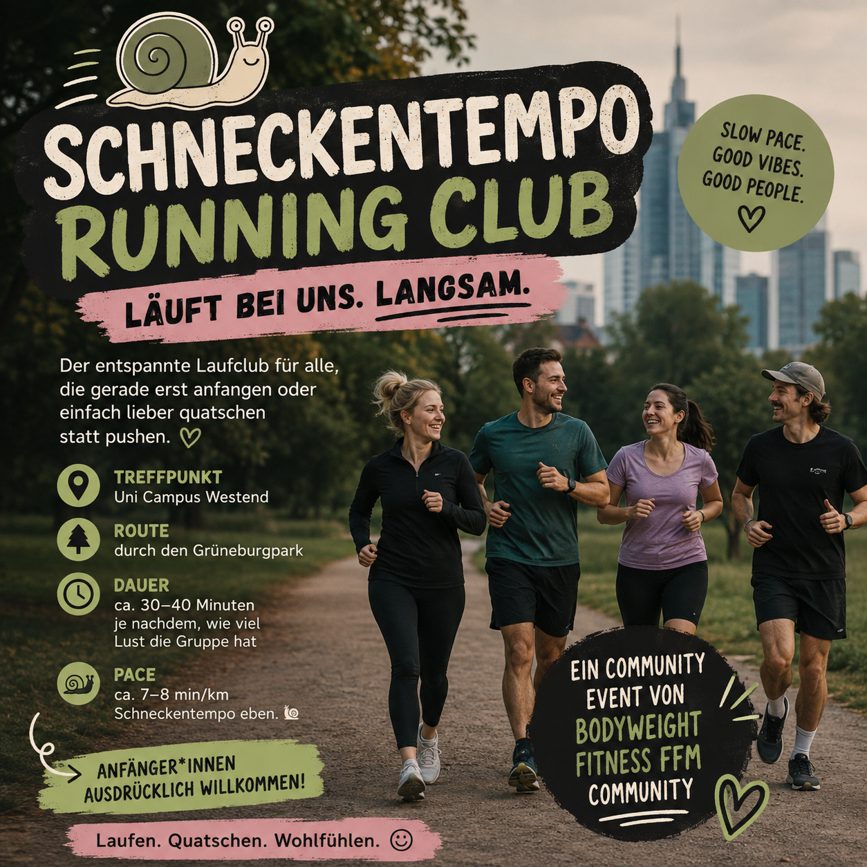 Poster des Schneckentempo Running Club, dem entspannten Lauftreff in Frankfurt für Anfänger*innen: Vier lachende Menschen joggen auf einem Parkweg, im Hintergrund die Frankfurter Skyline. Treffpunkt Uni Campus Westend, Route durch den Grüneburgpark, ca. 30 bis 40 Minuten bei 7 bis 8 min/km. Ein Community Event von Bodyweight Fitness Ffm.