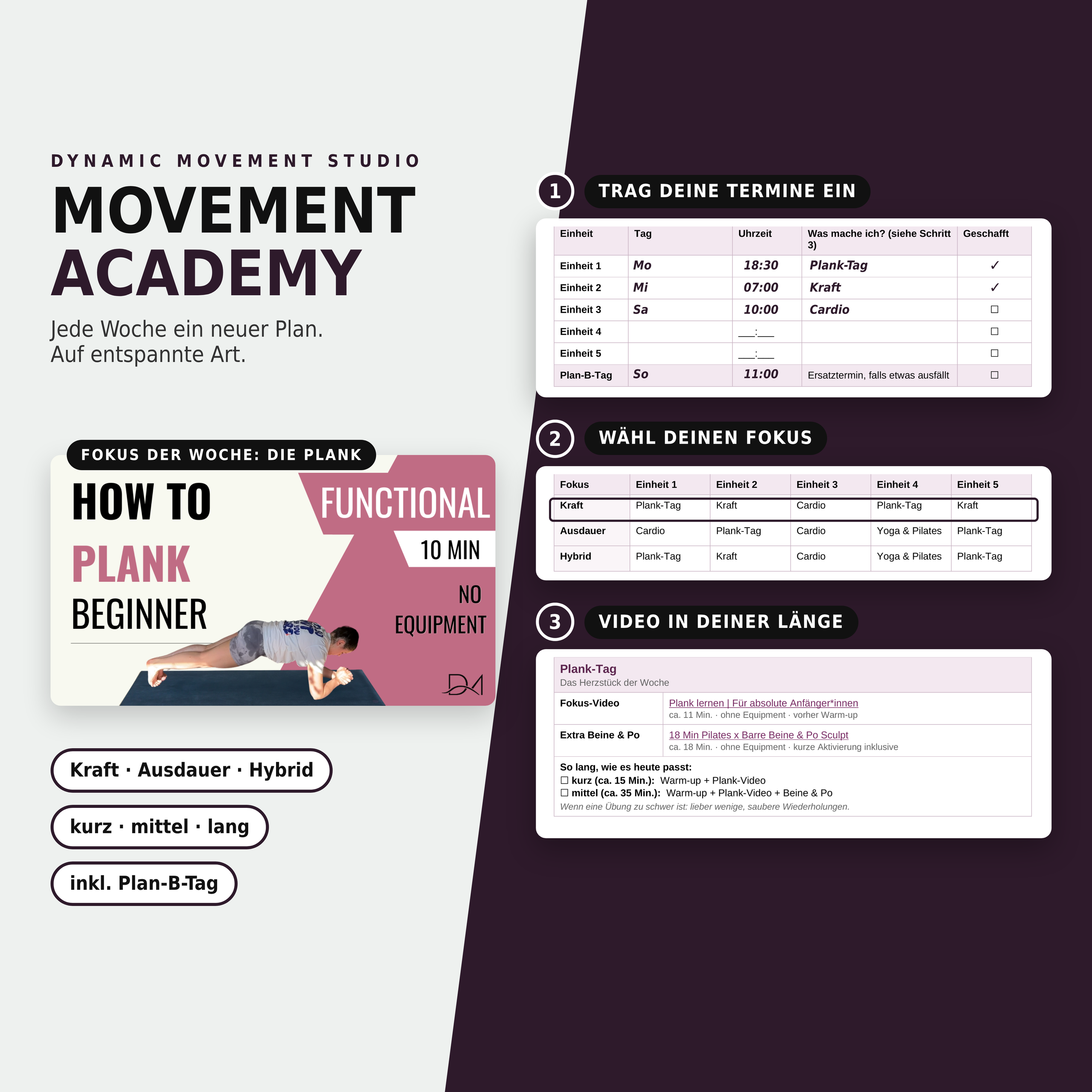 Vorschau der Movement Academy: Wochenplan mit Fokus der Woche „Die Plank“. In drei Schritten trägst du deine Trainingstermine inklusive Plan-B-Tag ein, wählst deinen Fokus (Kraft, Ausdauer oder Hybrid) und machst das passende Video in kurz, mittel oder lang.